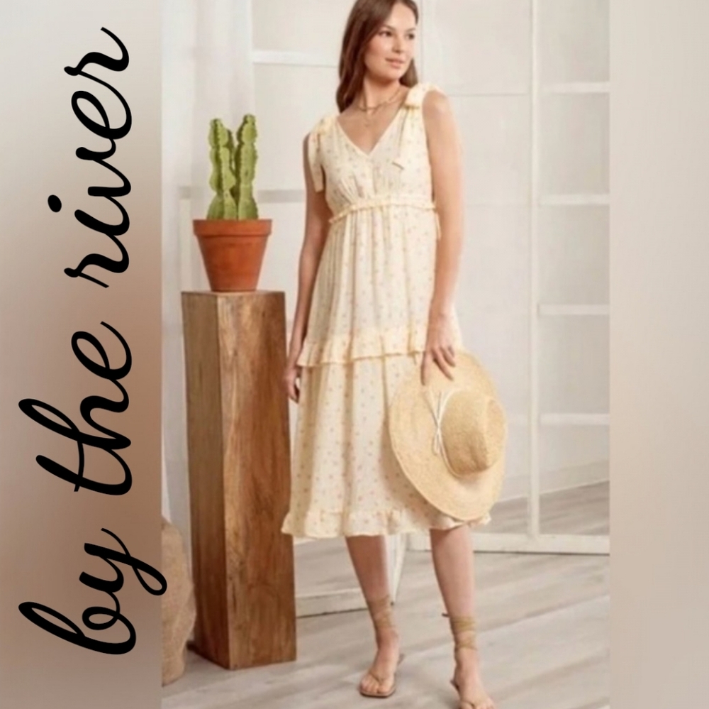 By The River Tiered Ruffle Yellow Ditsy Floral Midi Dress Tie Straps V-neck MED